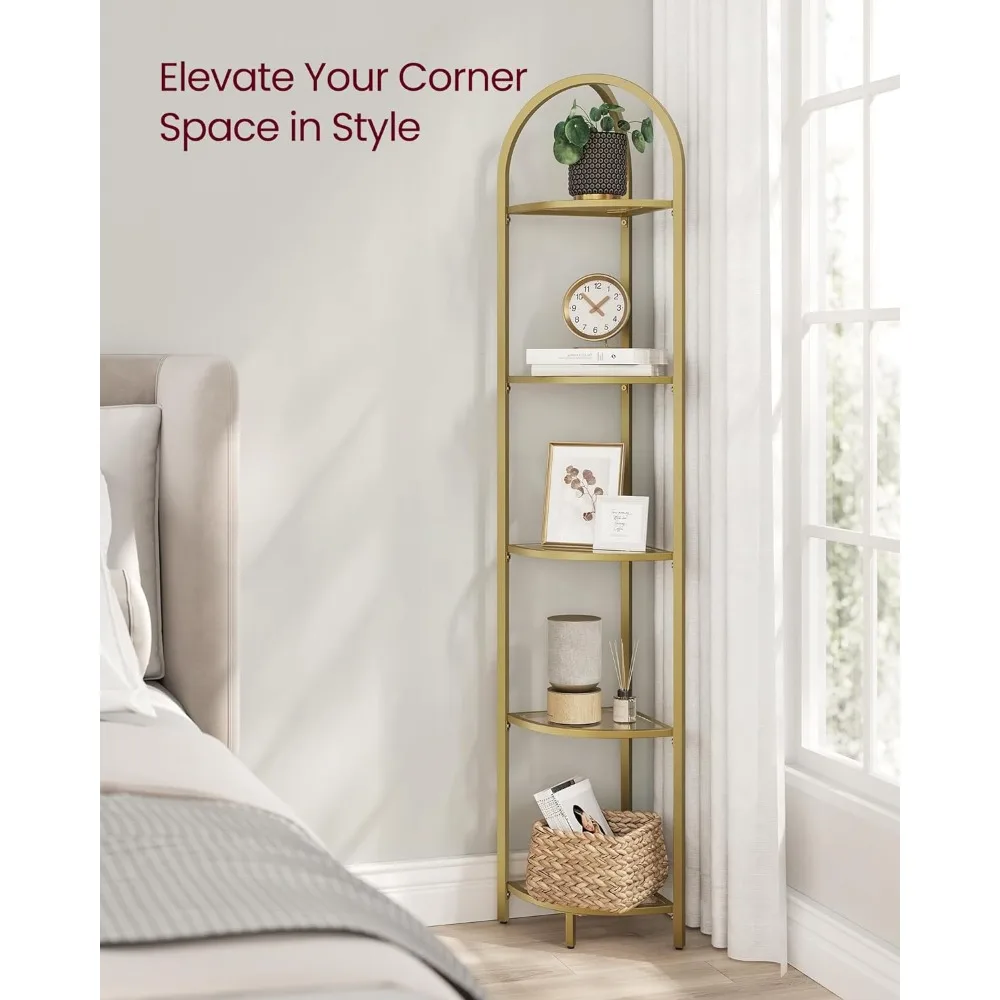 5-Tier Corner Shelf Stand, Corner Bookshelf, Bathroom Organizer, Plant Stand, Tempered Glass, Steel Frame, Modern Style