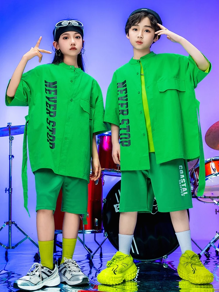 Zomer Losse Groene Hiphop Outfit Voor Kinderen Streetdance Kleding Korte Mouwen Shirt Jongens Meisjes Jazz Comeptition Kleding Bl12611