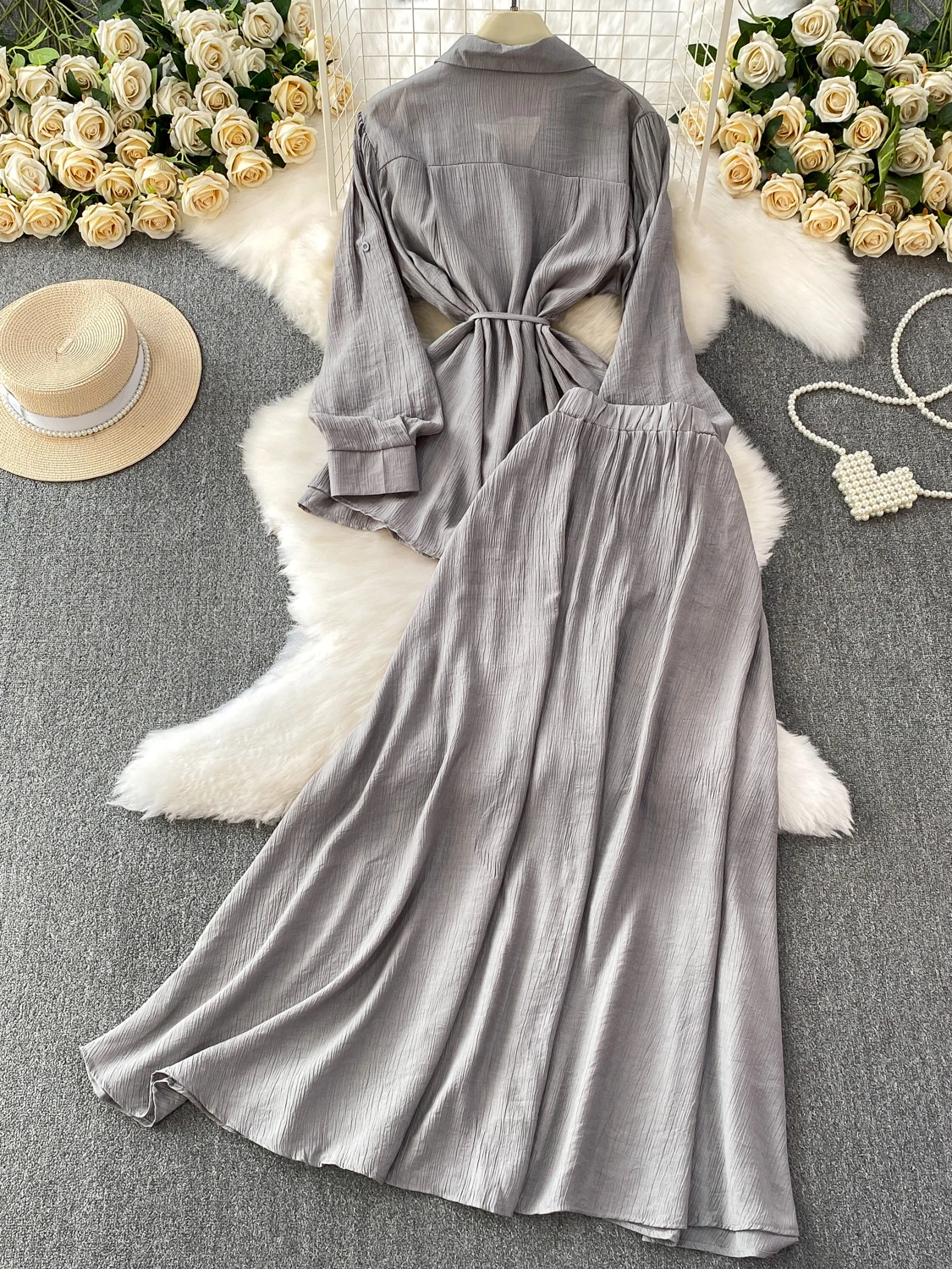 SuperAen Fashion Oversize Women Autumn New Casual Lace-up Waist Notched Long-sleeved Shirt High-waisted Long Skirt Sets