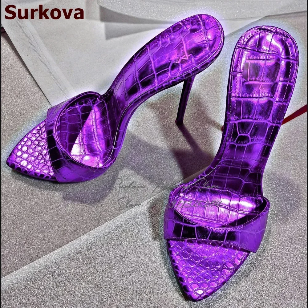 

Surkova Purple Gold Crocodile Stiletto Heel Slippers Pointed Toe Slip-on Sandals Snakeskin Sexy Dress Shoes Pink Red Size46