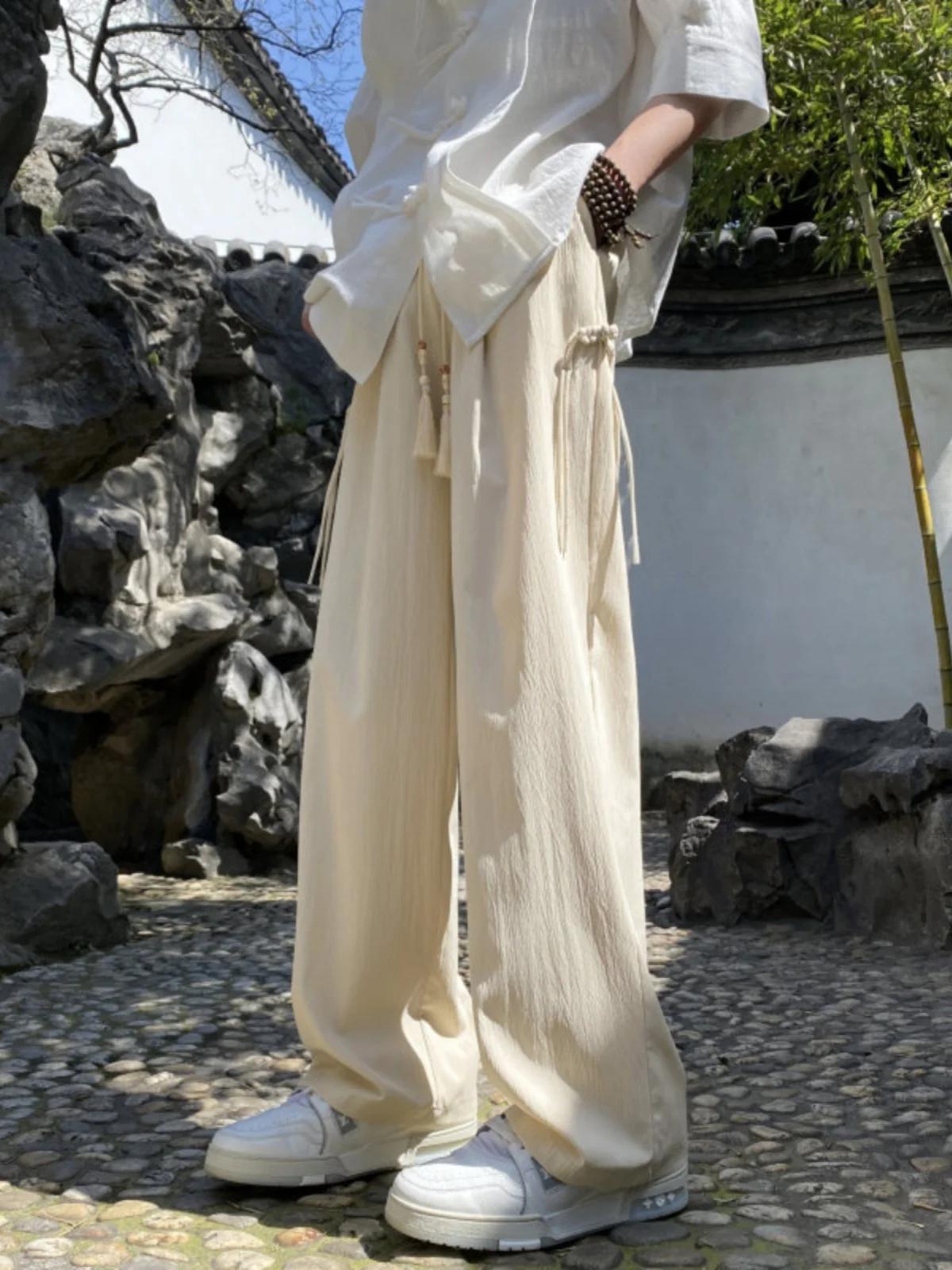 

New Chinese Sle Linen Ice Silk Pants Men's Summer Trendy Design Loose Wide Leg Straight Long Trousers Casual Faionable