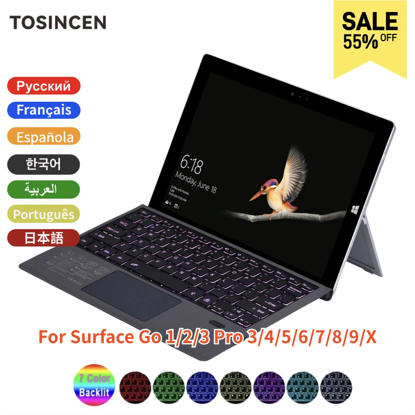 

TOSINCEN Backlit Wireless Bluetooth Keyboard For Microsoft Surface Pro 9 Pro X Pro 8 /7/6 /5 /4 /3 go 2 Keyboard Tablet Keyboard