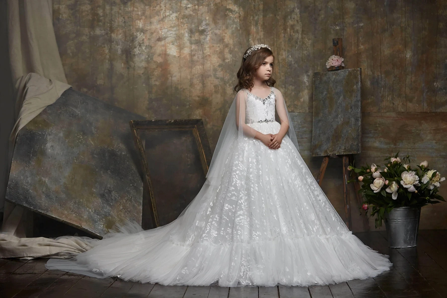 Vestidos de flores para niña, vestidos largos de primera comunión, apliques de tul con cuello en V y cristales, ideal para bodas y bebés