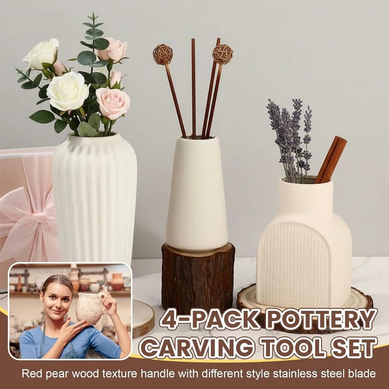 

4Pcs Pottery Carving Tool Set Sculpture Scraper Craft Modelling Tools Red Pear Wood Texture Handle-A21R