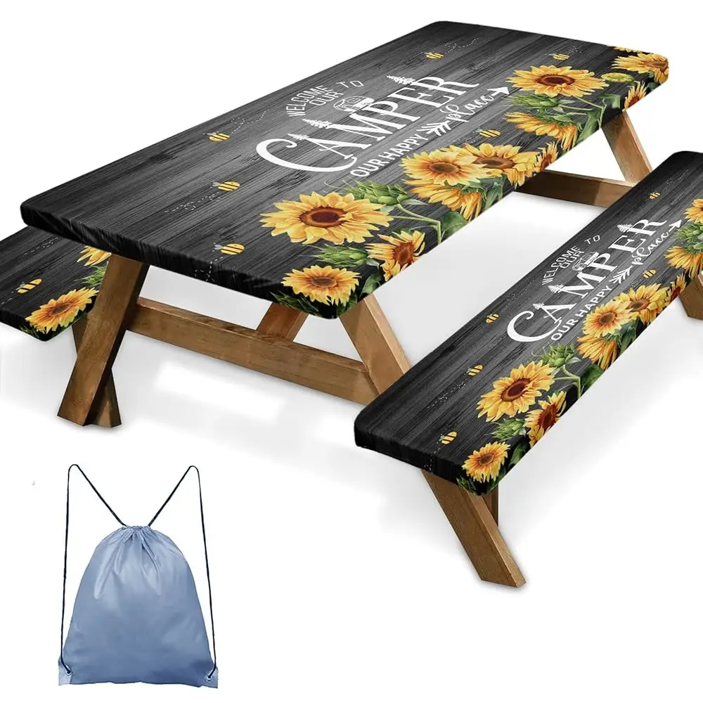 

Скатерть для пикника Sunflower с чехлами для скамеек, серая, в деревенском стиле, с цветочным узором, для летнего отдыха на природе, для кемпинга, 6 футов, 3 предмета