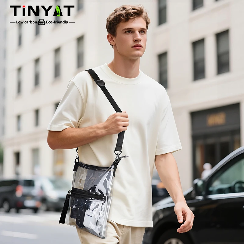 

TINYAT Men's Clear Crossbody Bag Lightweight Fringed Zipper Shopping Bag Casual PVC Shoulder Bag for Daily Use and Shopping