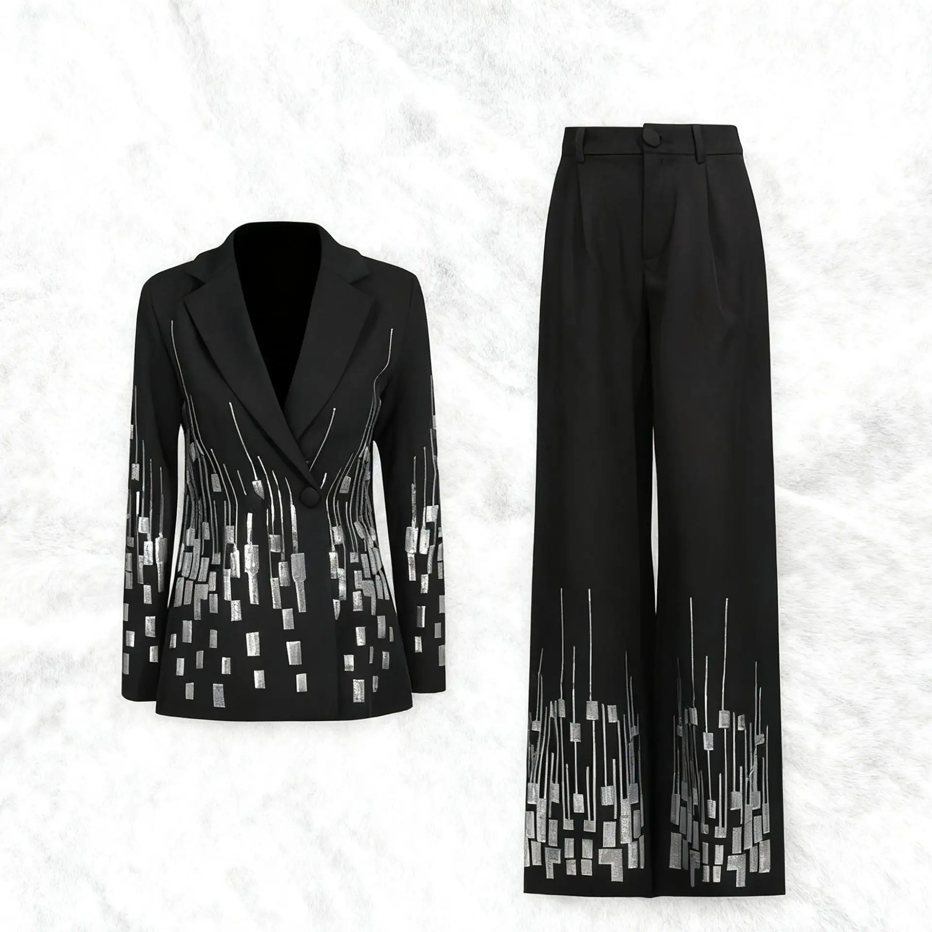 ZAMOR HIGH STREET Women French Elegant Skirt Set 2026 Spring New Sequin Lapel Long Sleeve Top High Waist Straight Pants Suit
