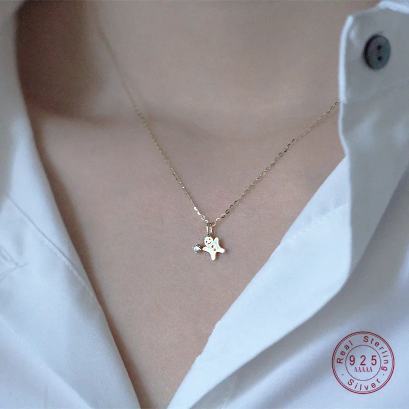 

HI MAN 925 Sterling Silver Real 14K Gold Korean Crystal Cute Cartoon Character Necklace Women Charm Party Jewelry