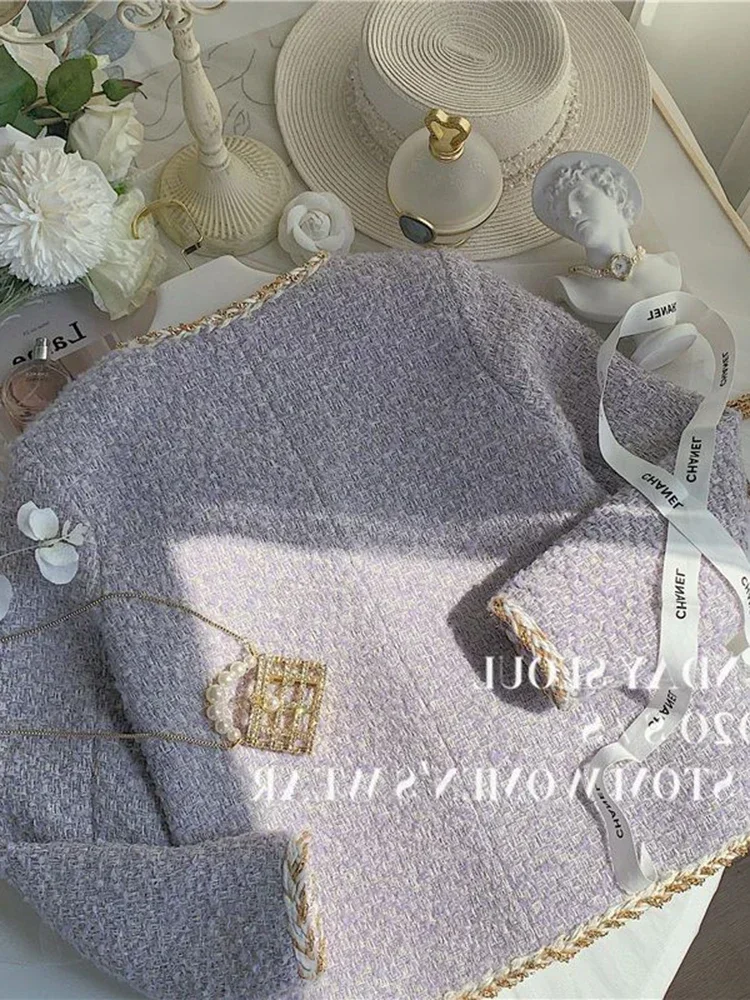 

Элегантные фиолетовые твидовые куртки женские корейские модные короткие пальто на пуговицах с длинным рукавом милые повседневные верхняя одежда высокого качества топы новые