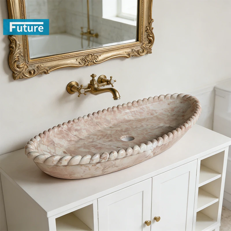 Luxury 100% Natrual Stone Cream Rose Pink Marble Bathroom Wash Basin Sink for Villa Apartment Bathroom Hotel Furniture