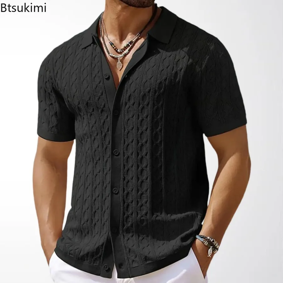 Camisas casuais listradas masculinas, camisa de malha vintage, retalhos respirável britânico, manga curta, polo jacquard empresarial, verão, 2024