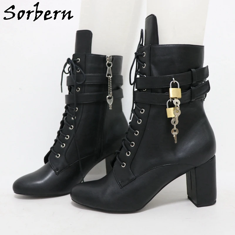 Sorbern Customized 9Cm Black Matte Boots Women Ankle High Heels Side Zipper With Locks Ankle Straps Lockable Zip Up