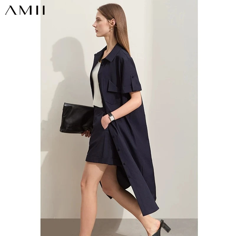 Amii Minimalism 2026 Summer New Short Sleeve Long Shirts For Women Casual Shorts Lady Fashion Tops + Shorts Separately 12442066
