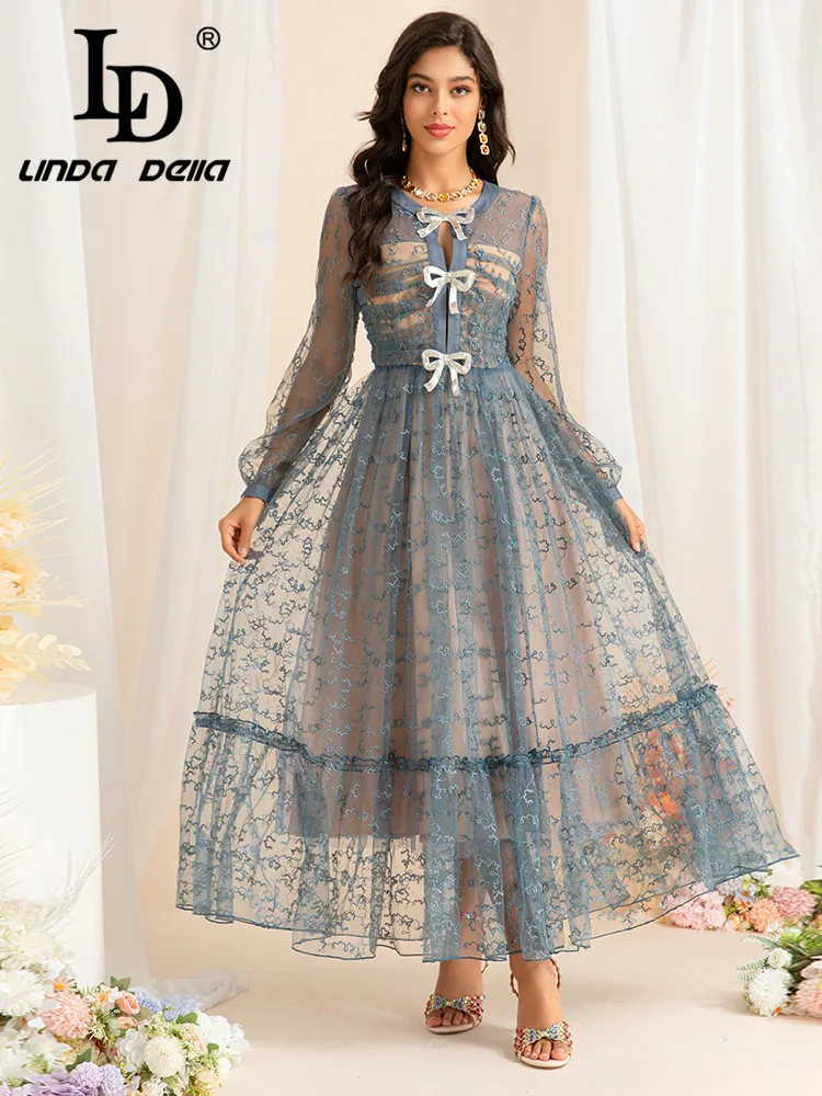 

LD LINDA DELLA Sexy and Delicate Perspective Round Neck Mesh Splicing Printed Lantern Sleeves Bow Waisted Dress