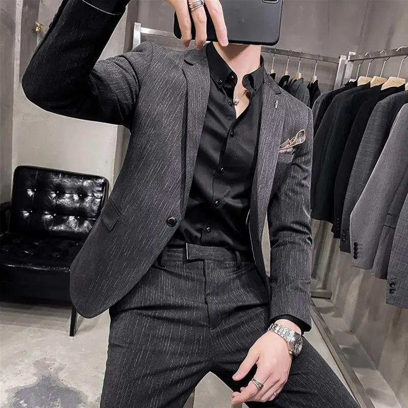 

1-A39 Suit suit Men's Handsome Slim-fit Suit Dotted Stripe Jacket Fried Street Yuppie Dress Three-piece Set