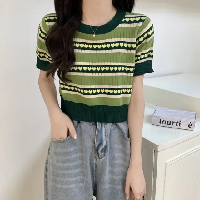 26/5000  Large size Avocado Green Knit T-shirt Short sleeve blouse ice yarn slim loose thin short Tshirt