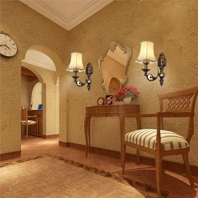 Year-Round Sale Vintage Iron For Bedroom Wall Lamp-LED Sconce European Red Bronze Fabric Shade, Candlestick Style For Living Roo