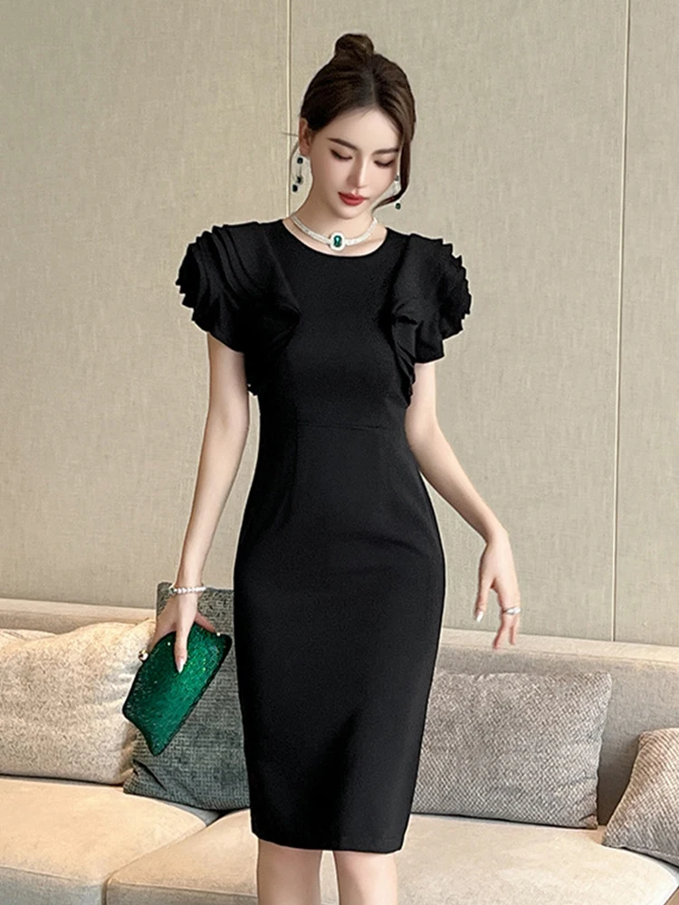 Chic Work Style Formal Black O-Neck Pencil Dress Women Elegant Commute Retro Puff Sleeve Slim Midi Party Vestidos Street Clothes