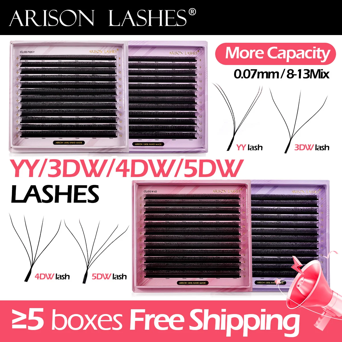 ARISON Duża pojemność 2 w 1 YY/3D/4D/5D W Lashes Premade Volume Fans Eyelashes Extension YY W-shape Eye Lashes Magnetic Carton