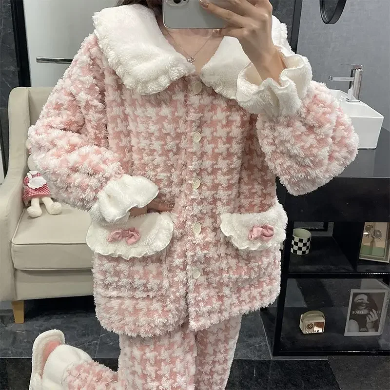 2023 New Coral Velvet Pajamas Women  Autumn Winter Cardigan Oversized Thickened Flannel Loose Outdoor Suit Household Clothes