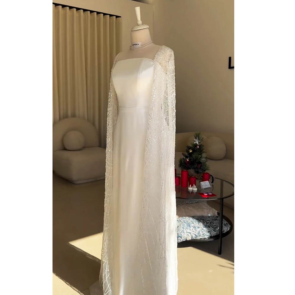 Elegant White Pearls Evening Dress for Women with Cape Sleeves 2024 Luxury Square Collar Mermaid Formal Prom Wedding Party Gowns