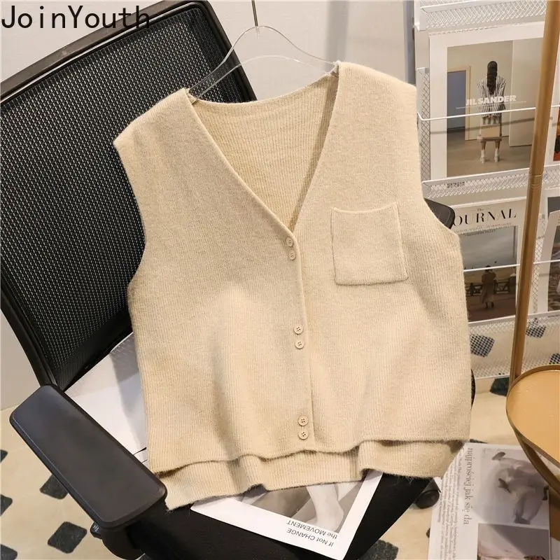 Solid Color Knitted Vest Jackets Women Clothes Sleeveless Vintage Waistcoat V-neck Casual Fashion Tanks Tops 2024 Ropa Mujer