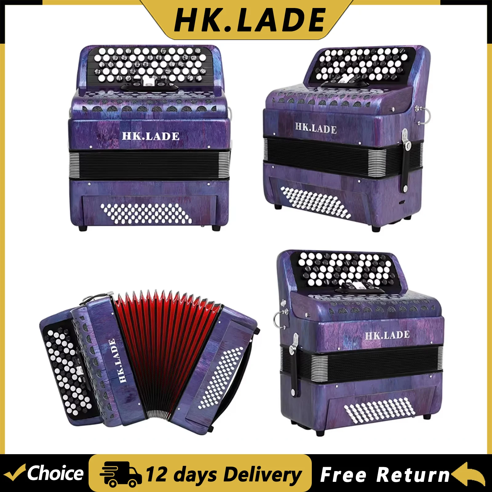 HK·LADE AH-190 Multiple-voice Accordion 62 Keys 60 Bass Bayan Accordion with Bag Keyboard Instrument for Grading Performance