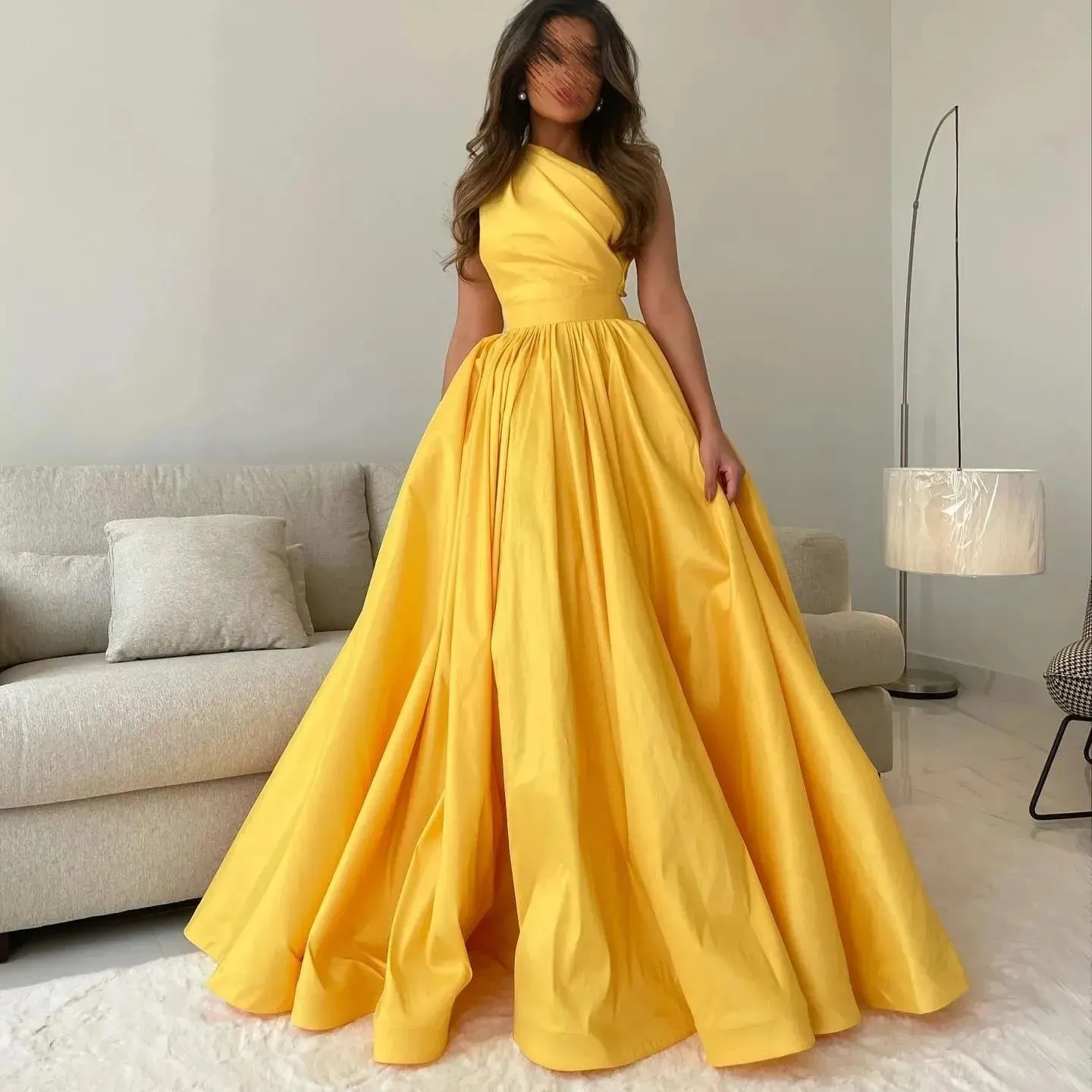 Customized A Line Fuchsia Yellow Evening Dress Saudi Arabia One Shoulder Formal Celebrity Prom Gowns Long Women Party Dresses