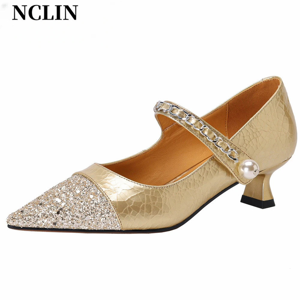 

NCLIN Women Genuine Leather Pumps Sexy Glitters Brand Design Party Wedding Shoes Woman Mary Jane Kitten Heels Prom Pumps