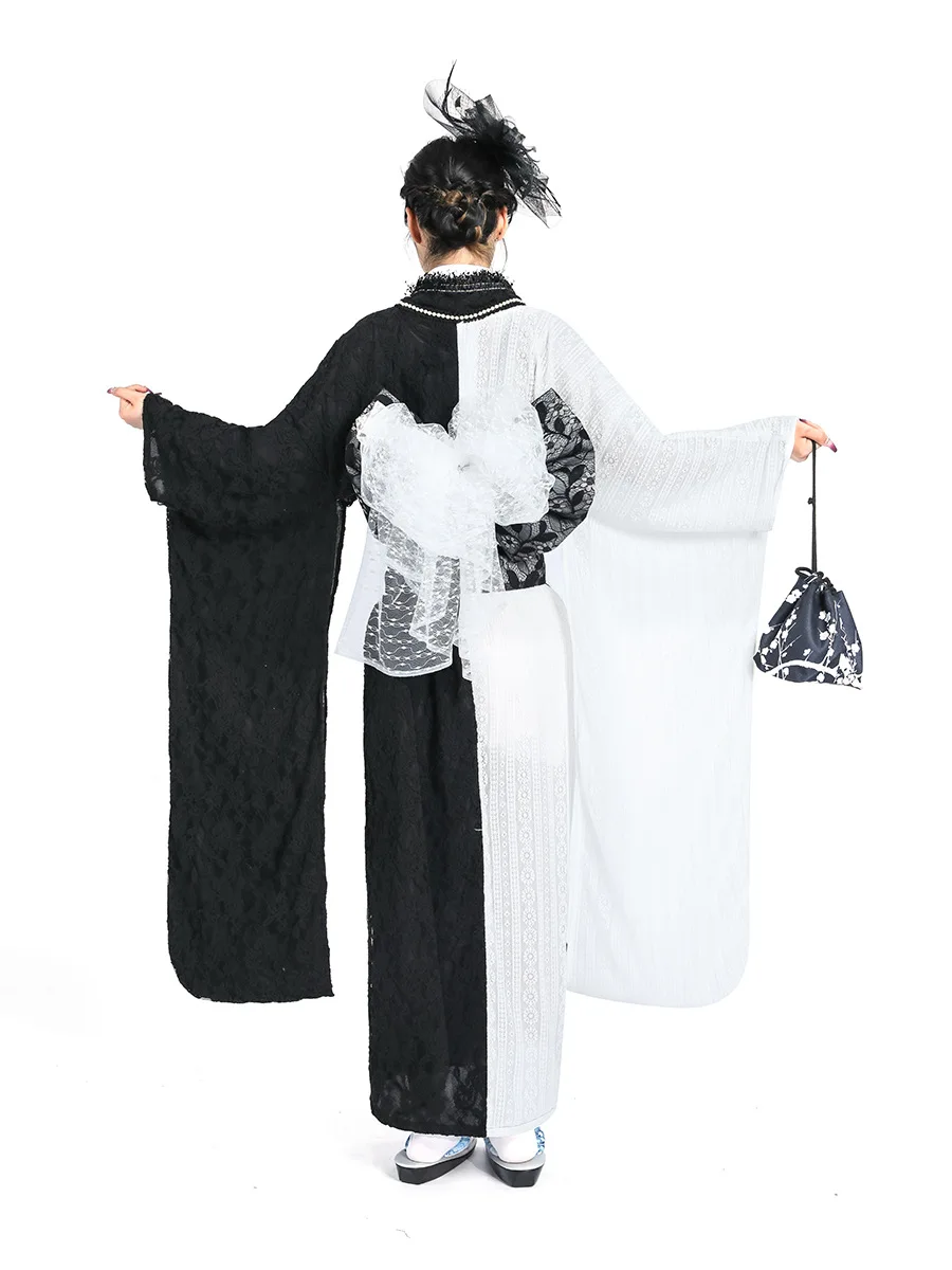 Black And White Contrast Color Lace Traditional Kimono Women  Japanese Traditional High Quality Wide Sleeve Kimono Robe