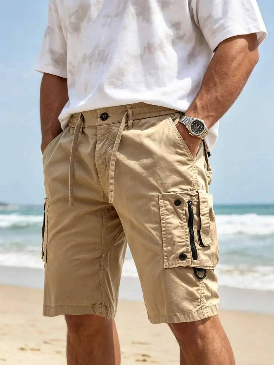 

Mens Casual Cargo Shorts Washed Cotton Elastic Waist Drawstring Multi Pocket Zipper Pockets Summer Beach Outdoor