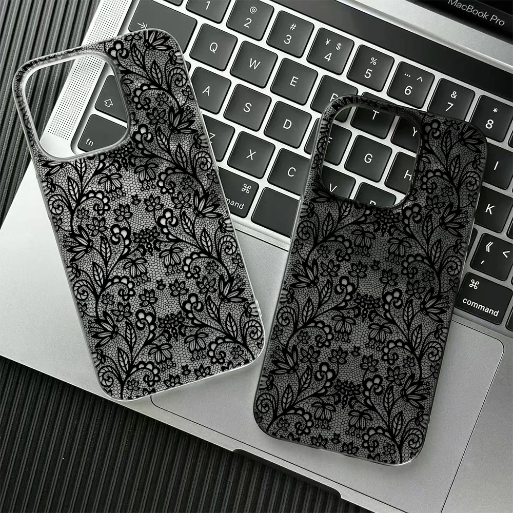 Full Black Lace Phone Case For IPhone 17 Air 16 15 14 13 12 11 Pro Max 13 12 16 Plus Shockproof Soft Clear Cover Coque