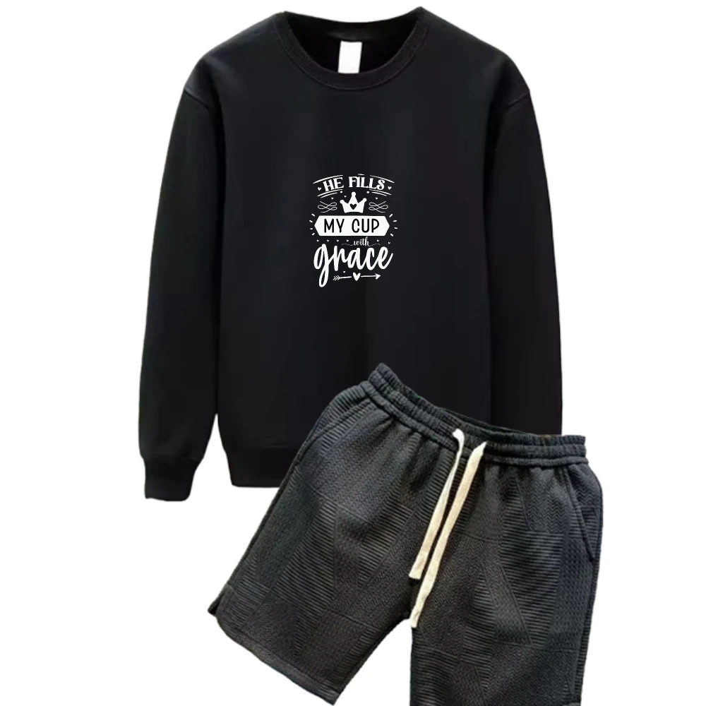 

2025 Men Spring And Autumn Set Crown small graffiti print Fashion Sports Tshirts+shorts suits Polyester Fiber Casual Suit Trendy