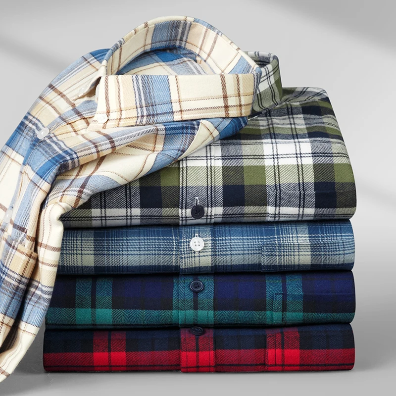 

100%cotton brushed plaid long sleeve shirts for men slim fit casual plain shirt soft single pocket tops designer vintage clothes