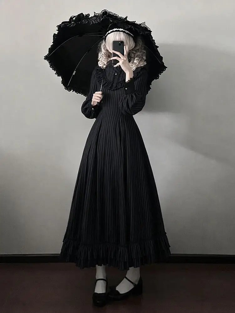 Winter Gothic Vintage Lolita Striped Dress Women Puff Long Sleeve Lace Trim Ruched Waist Slim Fit Dress Elegant Party Outfit