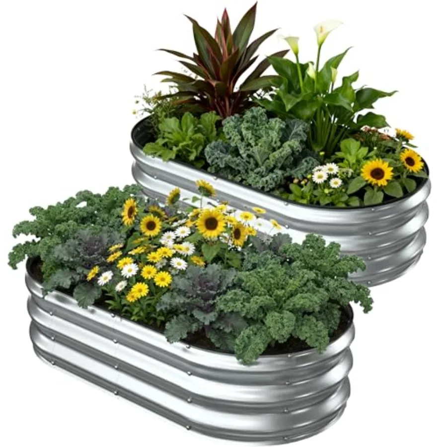 

2 Pack 4x2x1FT Galvanized Raised Garden BedsRaised Garden Bed with Safety Edging and Gloves Oval Metal Planter Box for Gardenin