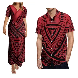 Polynesian Tribe Custom Patterned Couple Suit Women'S V-Neck Dress Samoan Clothing Puletasi Fashion Suit And Men'S Shirt