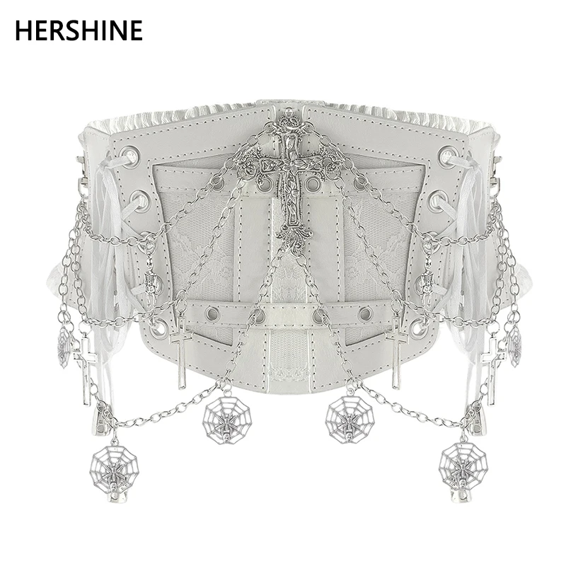 

HERSHINE цельный женский белый модный эластичный широкий пояс с цепочкой-паутиной, Y2K, готический панк-стиль Харадзюку, весна, лето