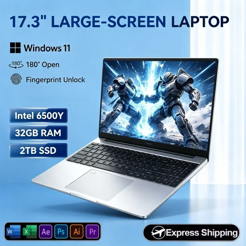 17.3 Inch Intel 6500Y Laptop 32GB RAM 2TB SSD Windows11 Fingerprint Recognition Notebook For Office & Media Playback