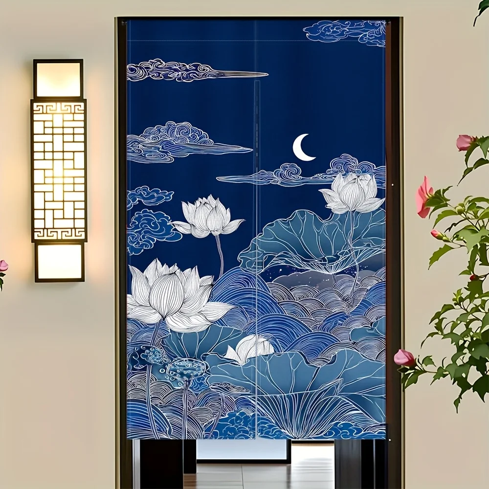 Lotus Moon Noren Curtain – Navy Blue & White, Clouds and Flowers, Zen Style, for Indoor or Outdoor Decor