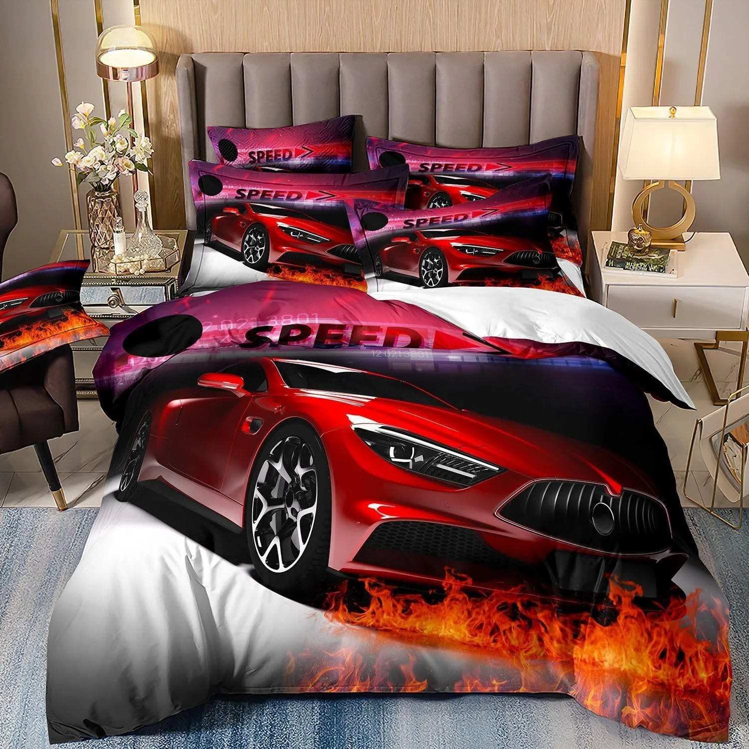 95 Rote Auto-Bettbezüge, Kissenbezüge, Auto-Bettwäsche-Set für Erwachsene, Jungen, Mädchen, Schlafzimmerdekoration, Kindergeschenk, Einzelbett, Doppelbett, große Größe ﻿ – Detail 8
