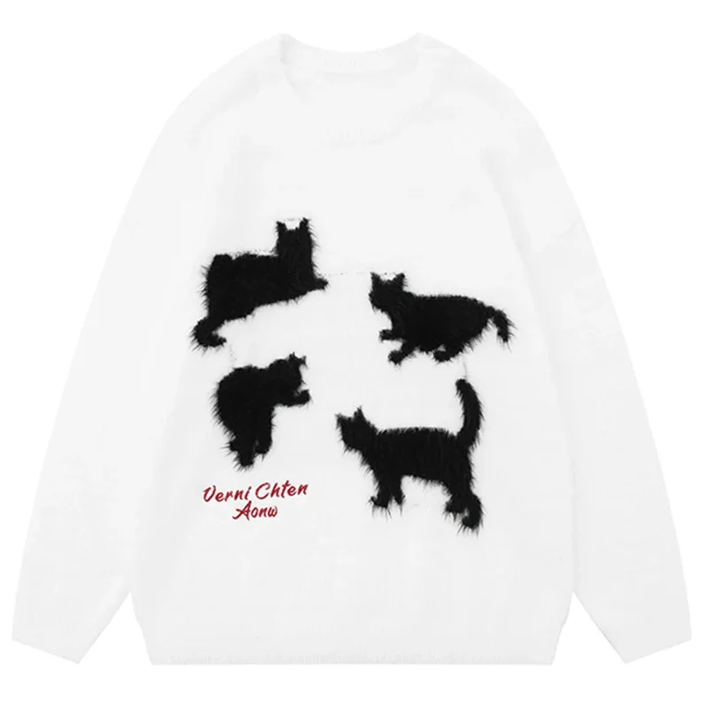 Mohair Cartoon Cat Knitwear Sweater 2023 Winter Y2K Vintage Pullovers Soft Wool Men's Jumpers Oversized Women Sweater Streetwear