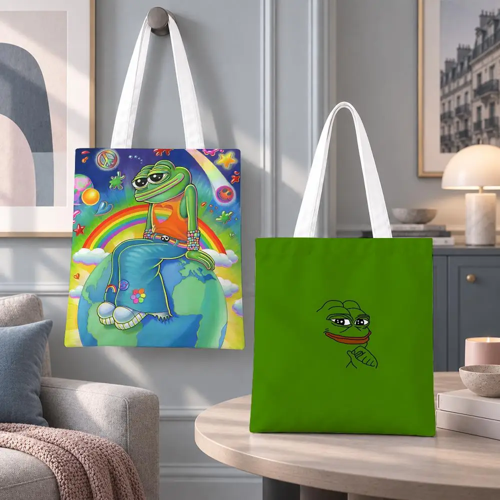 Funny Character Pepe the Frog Storage Bags Eco Canvas Tote Odorless Reusable Double Print Shopping Bag