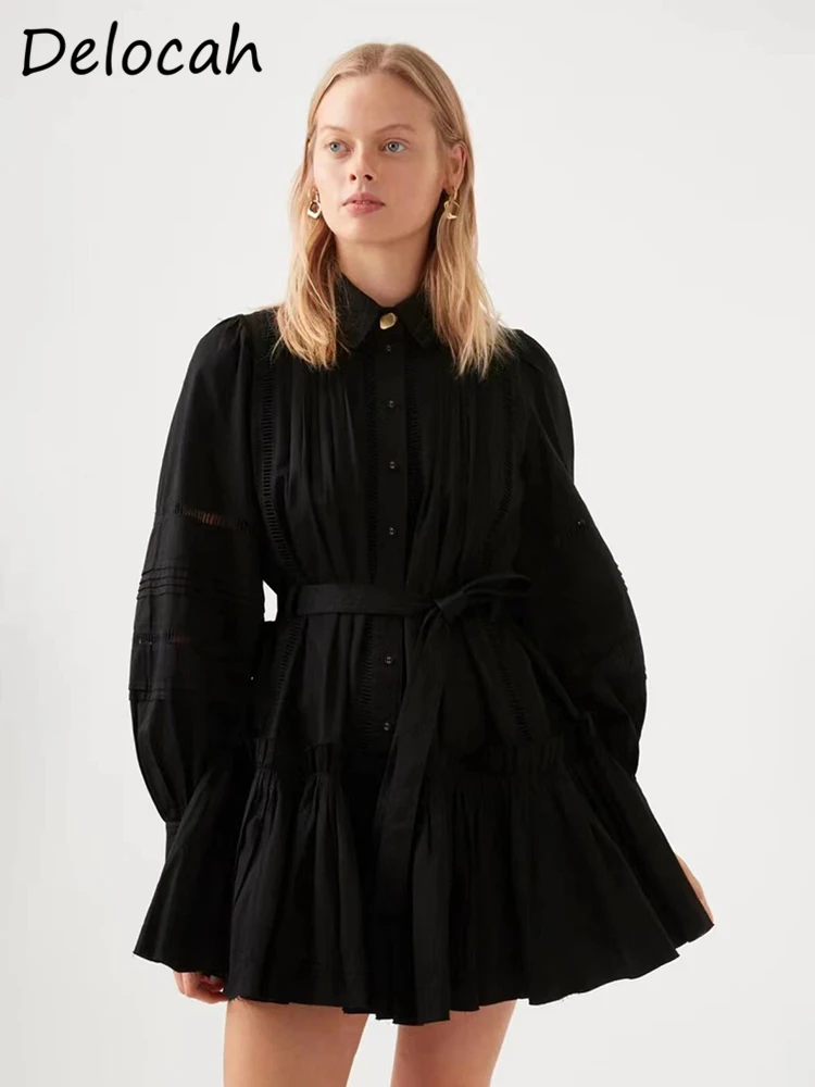 

Delocah High Quality Autumn Women Fashion Designer Mini Dress Lantern Long Sleeve With Belt Black Ruffles Shirts Style Dresses