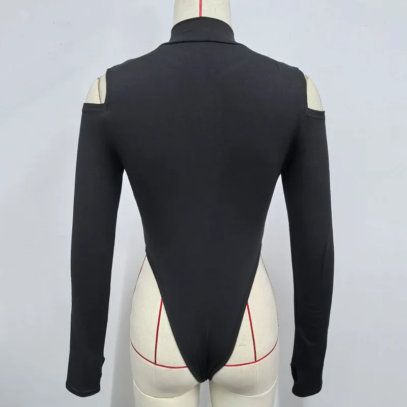 BKLD 블랙 바디수트 가을 겨울 2026 여성용 새로운 패션 클럽 의상 지퍼 오프 숄더 긴팔 바디수트 원피스