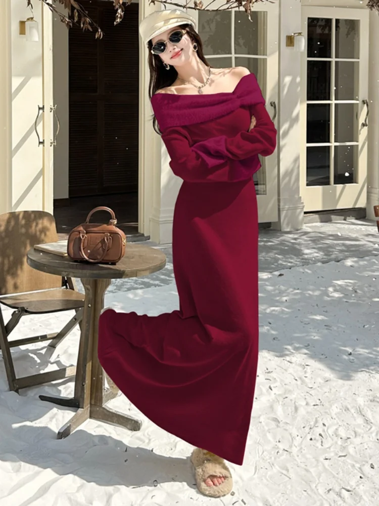 SMTHMA Sexy Slash Neck Super Style Sweater Knitted Dress Women's New Autumn Winter Elegant  Slim Soft Long Dresses Vestidos