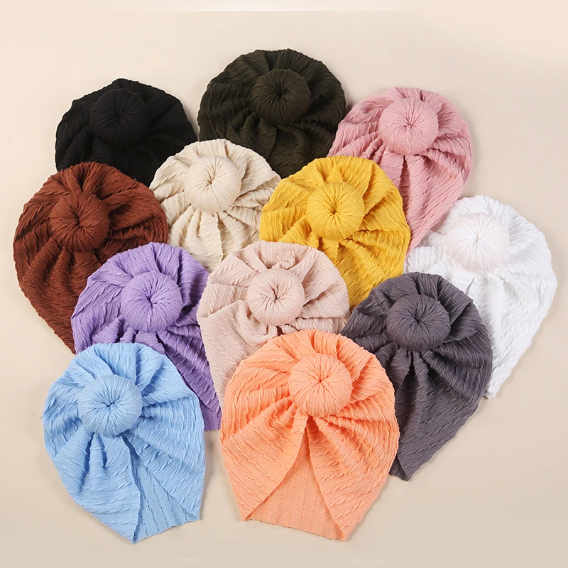 12pc/lot Autumn Winter Solid Color Thick Newborn Hat Boys Girl Cotton Soft Round Knotbow Turban Bonnet Caps Baby Shower Props