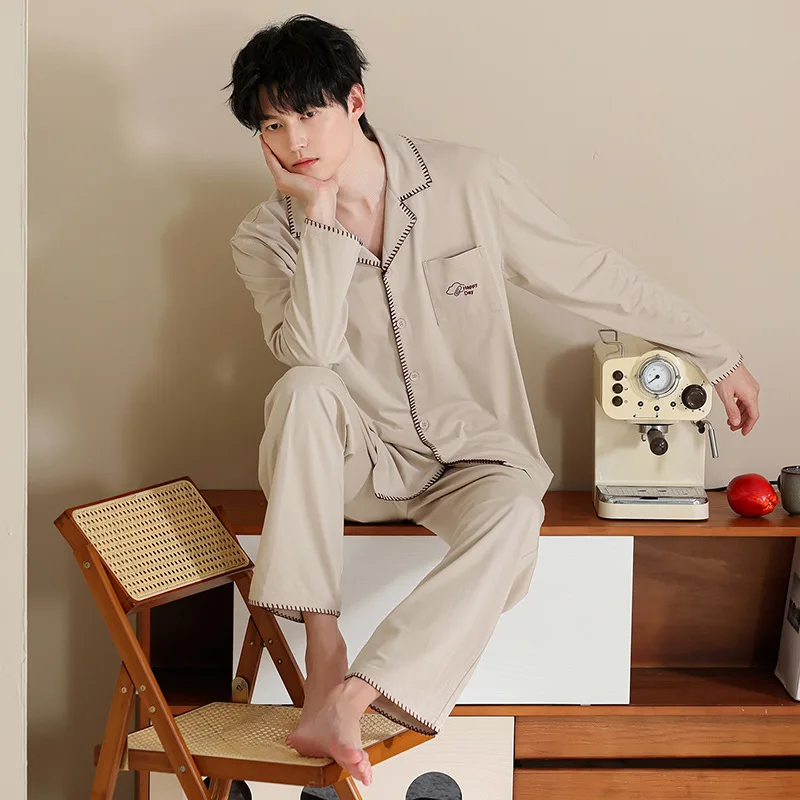 Men Solid Cotton Pajama Set Lapel Long Sleeve 2 Pcs Shirt&pants Homewear Sleep Suit Solid Color Soft Loose Loungewear Sleepwear