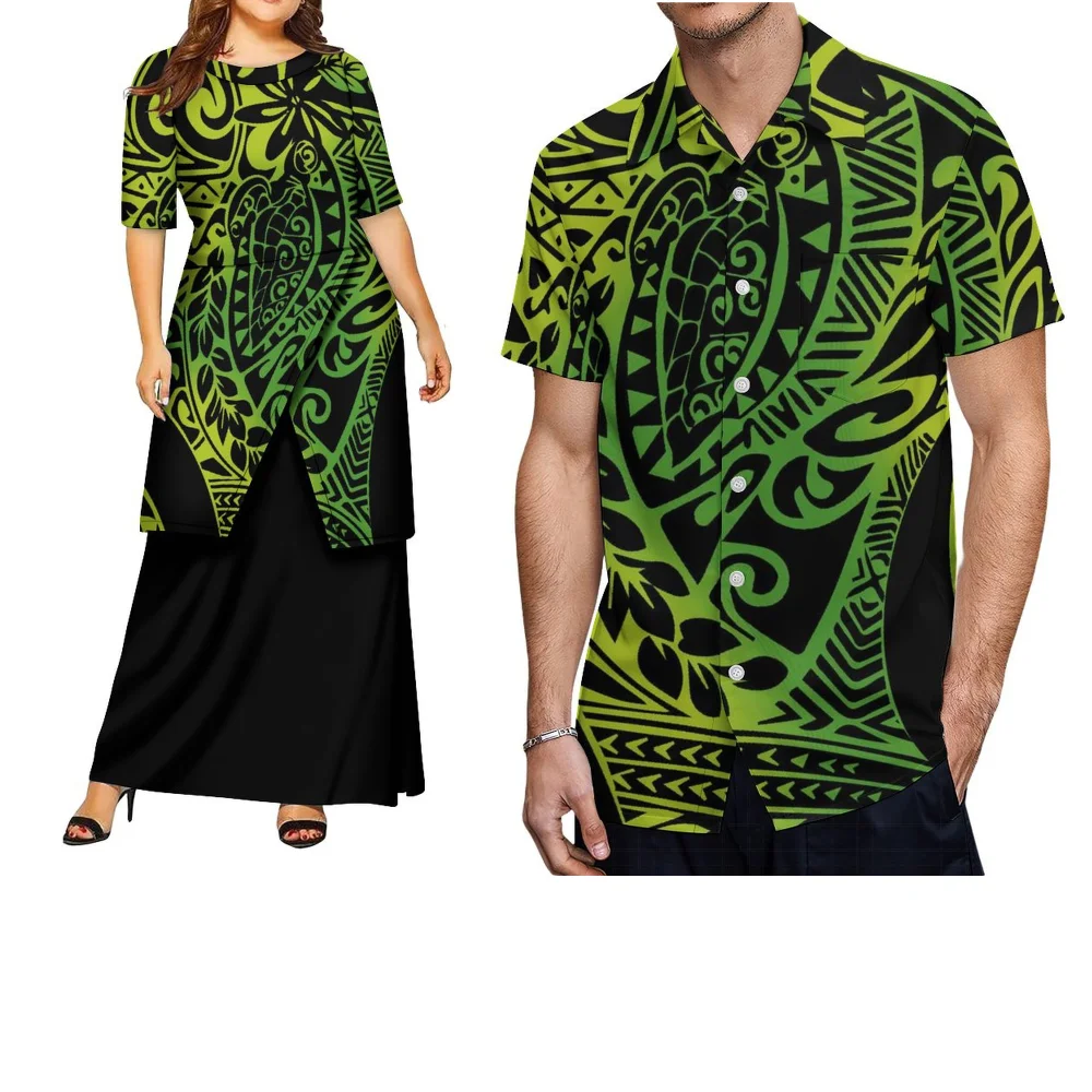 Retro Patroon Ontwerp Polynesische Tribal Verzamelen Dames Pletasi Jurk Heren Retro Shirt Op maat gemaakte paar outfits