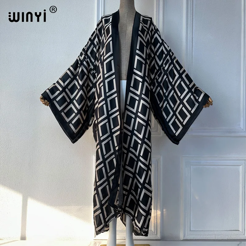 Winyi Zomer Outfit Kimono Afrika Geometrische Print Strand Cover Up Maxi Jurk Vesten Strandkleding Vrouwen 2024 Abaya Dubai Luxe